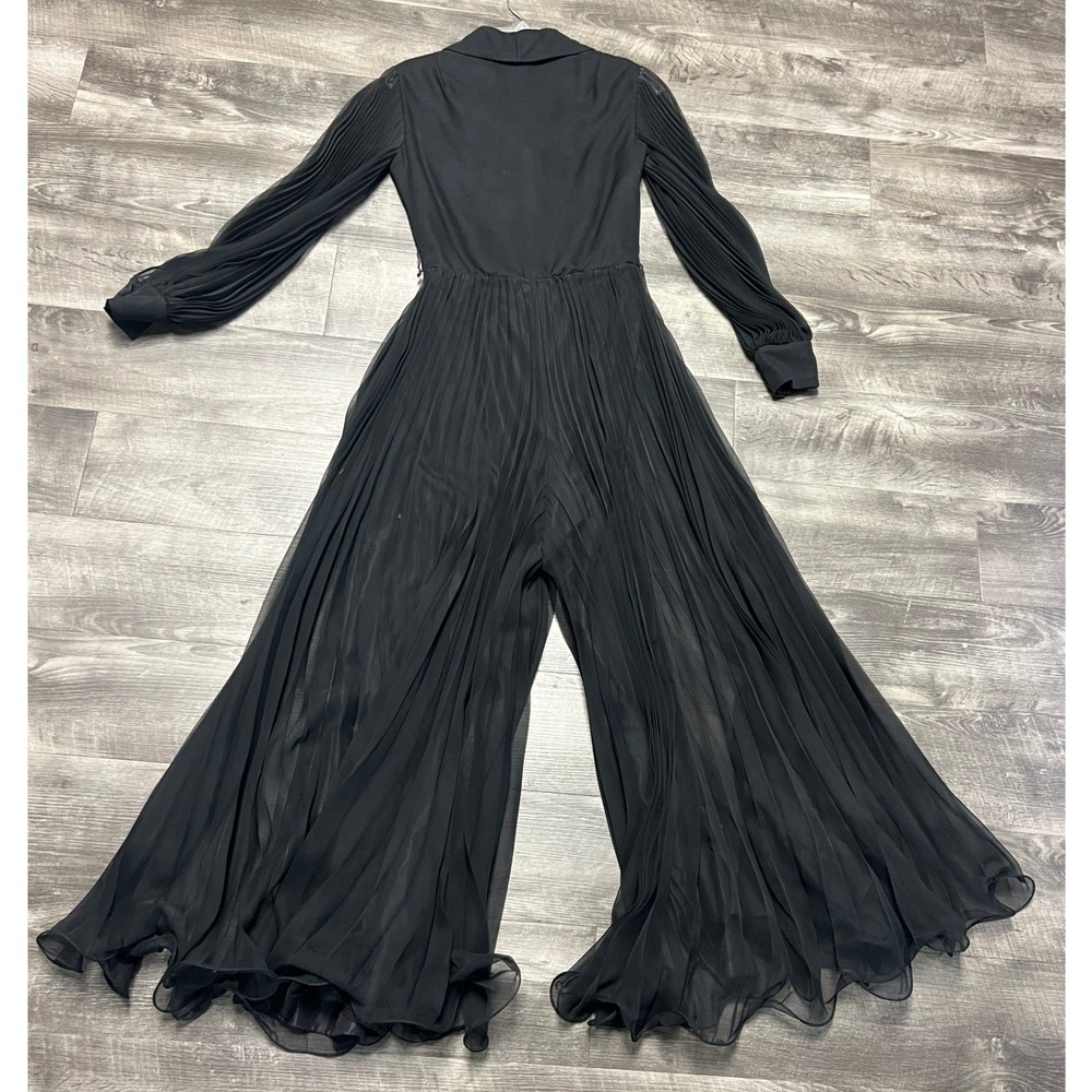 VTG Miss Elliette California Sz 10 Black Pleated Jumpsuit Wide Leg Sheer Sleeve - Picture 2 of 14